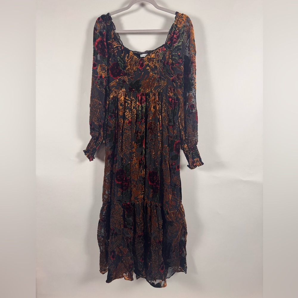 Baltic Born Women Maxi Dress SMALL Velvet Burnout Milkmaid Renaissance Smocked - Picture 2 of 16